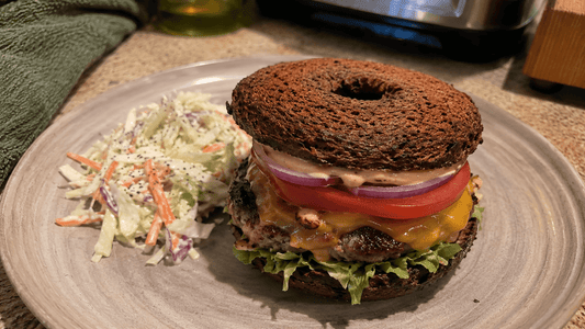 Loaded Keto Bagel Burger (Gluten Free, High Fibre Dinner)