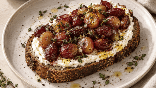 Beetroot Bread with Whipped Feta, Roasted Grapes and Thyme