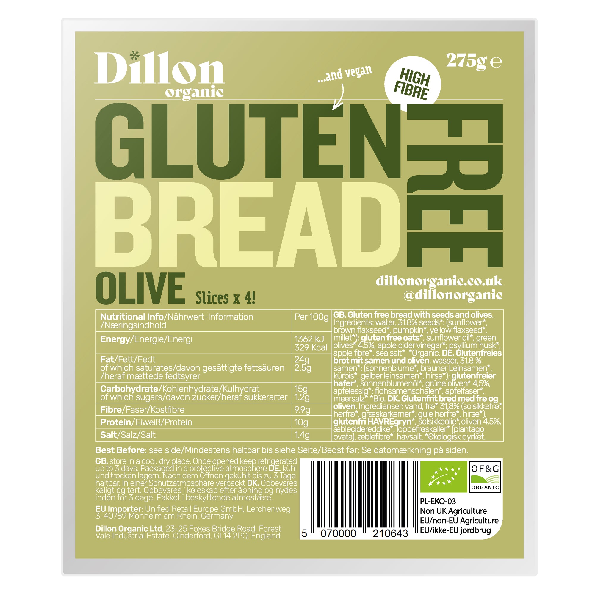 Sliced Gluten Free Olive Bread 275g Dillon Organic